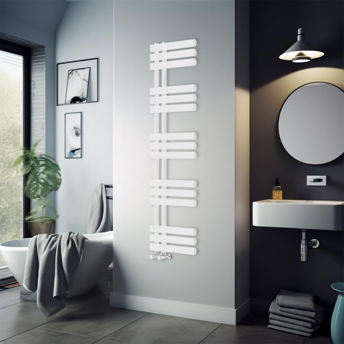 Warmehaus 1600 x 450mm White Flat Designer Heated Towel Rail Radiator - Best for any Bathroom & Kitchen - D Shape Bars