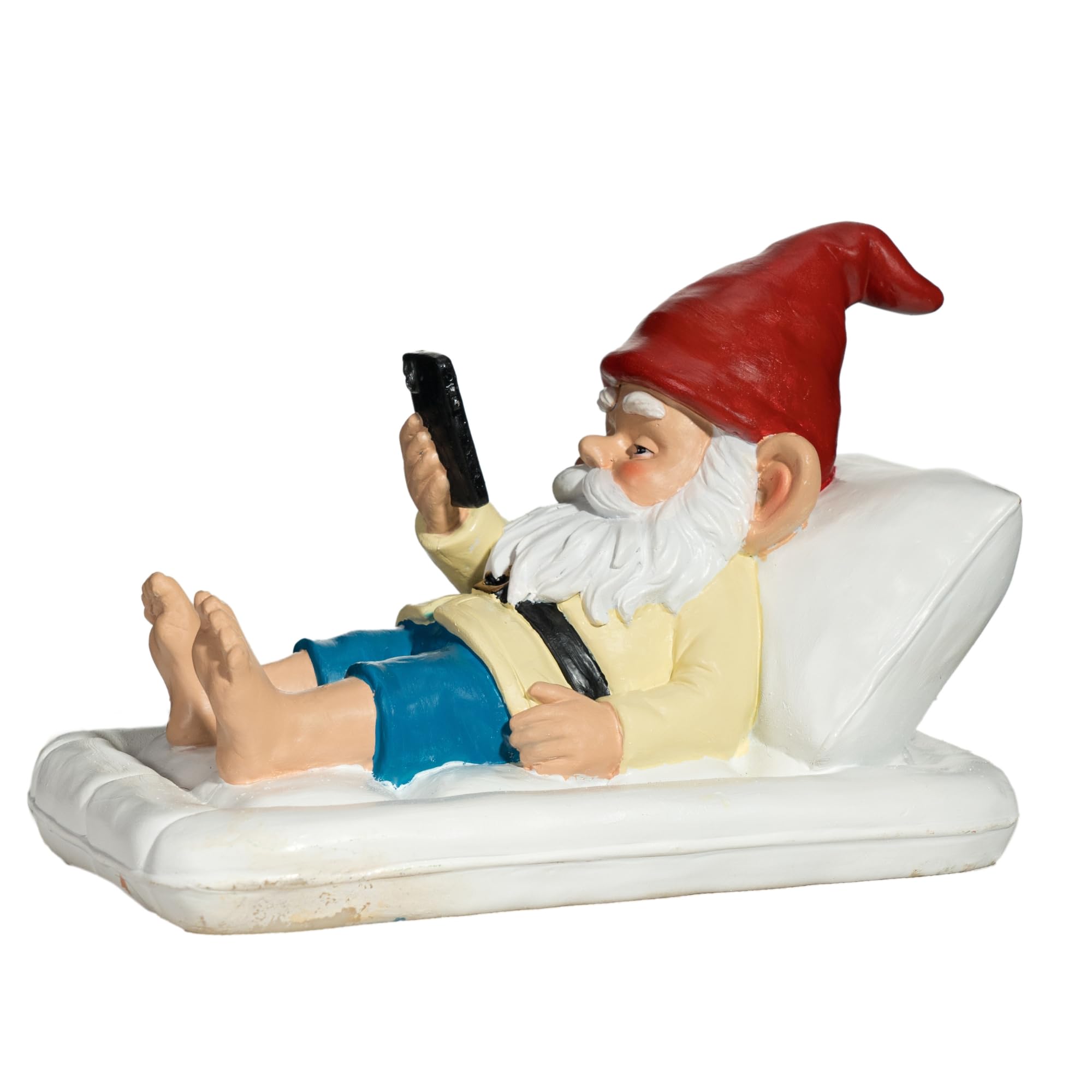 Gnomo da giardino rilassante con smartphone, statua decorativa per esterni, in resina, dipinta a mano, divertente decorazione moderna da giardino, materasso gonfiabile stravagante da 20,3 cm