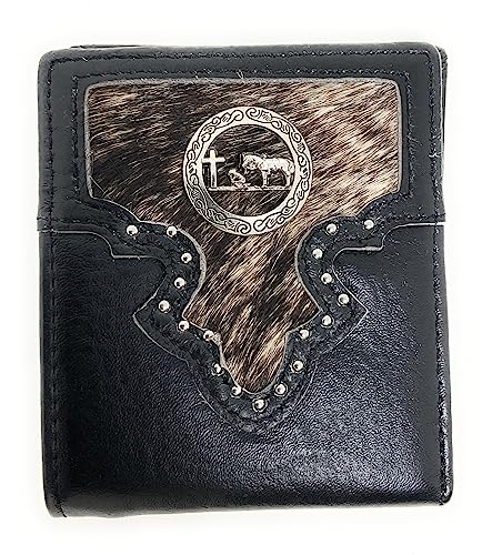 Texas West Premium Genuine Leather Basketweave Cowhide Cow Fur Men's Short Bifold Wallet, Premium Cowboy Wallets (Praying Cowboy black)