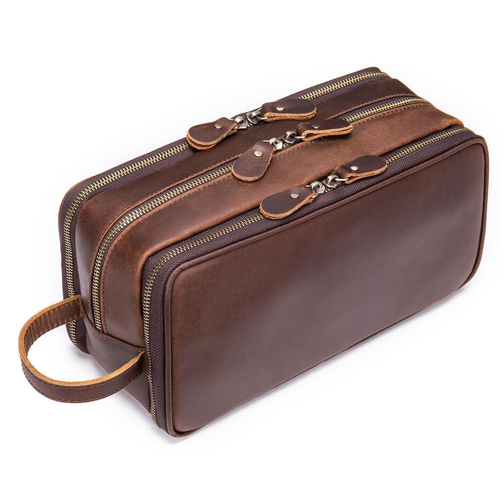 Neceser de viaje de piel auténtica para hombre, kit de afeitado, resistente al agua, organizador de artículos de tocador para accesorios, cosméticos, higiene, artículos esenciales de aseo