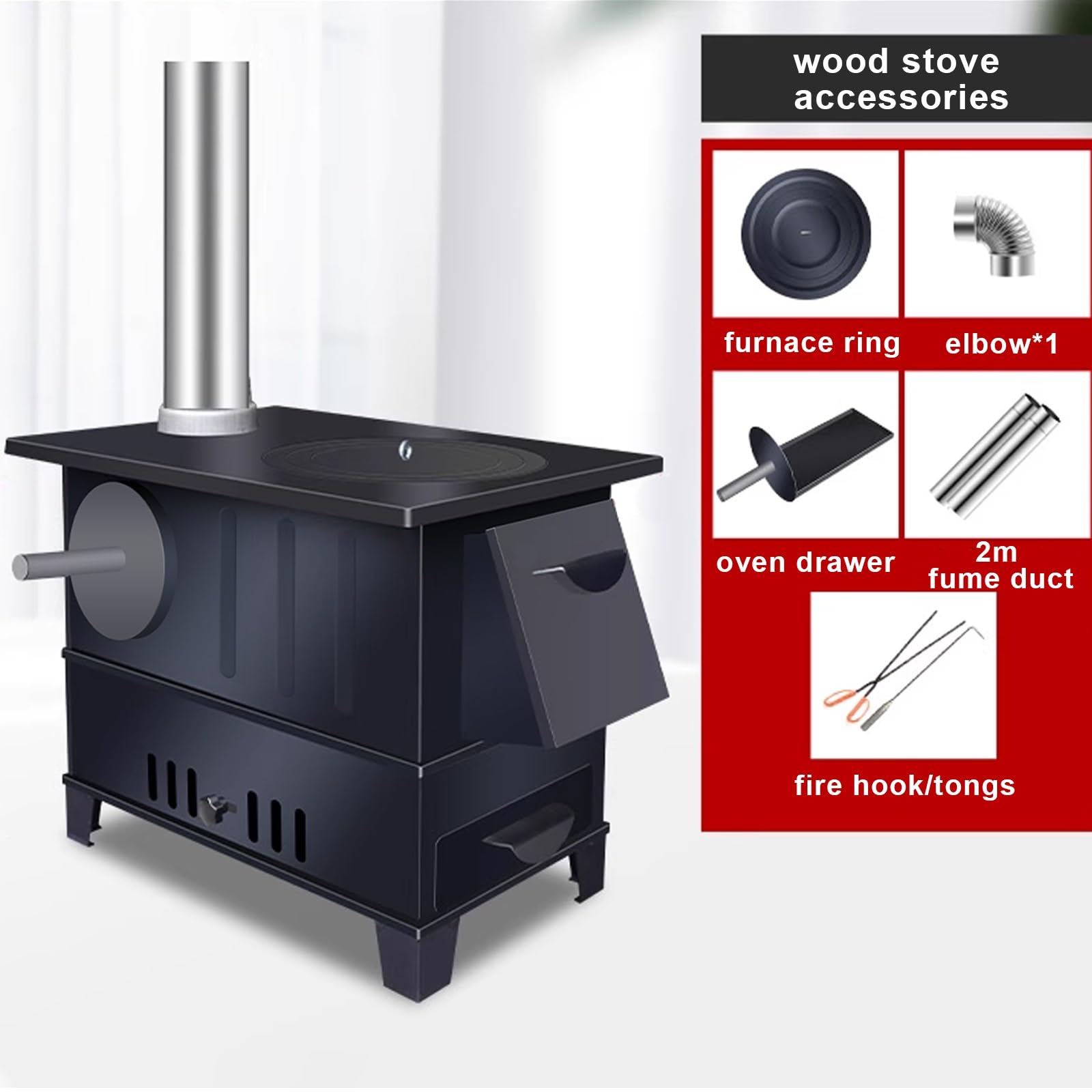 Stufe a Legna da Interno con Fornon e Tubi da Fumo Elevata Dissipazione del Calore, Stufa a Legna Multiuso per Riscaldamento, Cottura e Acqua, Nessuna Perdita di Fumo(60 * 40 * 46cm)