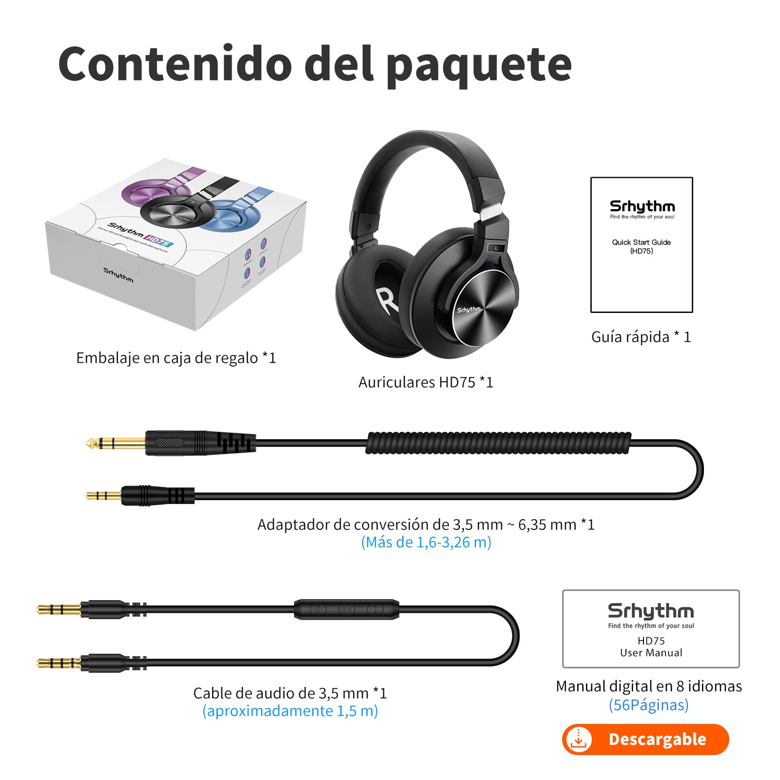 Srhythm HD75 Auriculares con Cable para Colocar sobre la Oreja para DJ para Estudio/Fiesta/Guitarra