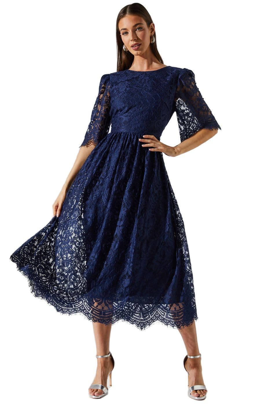 Coast Lace Short Sleeve Midi Dress, 10, Navy