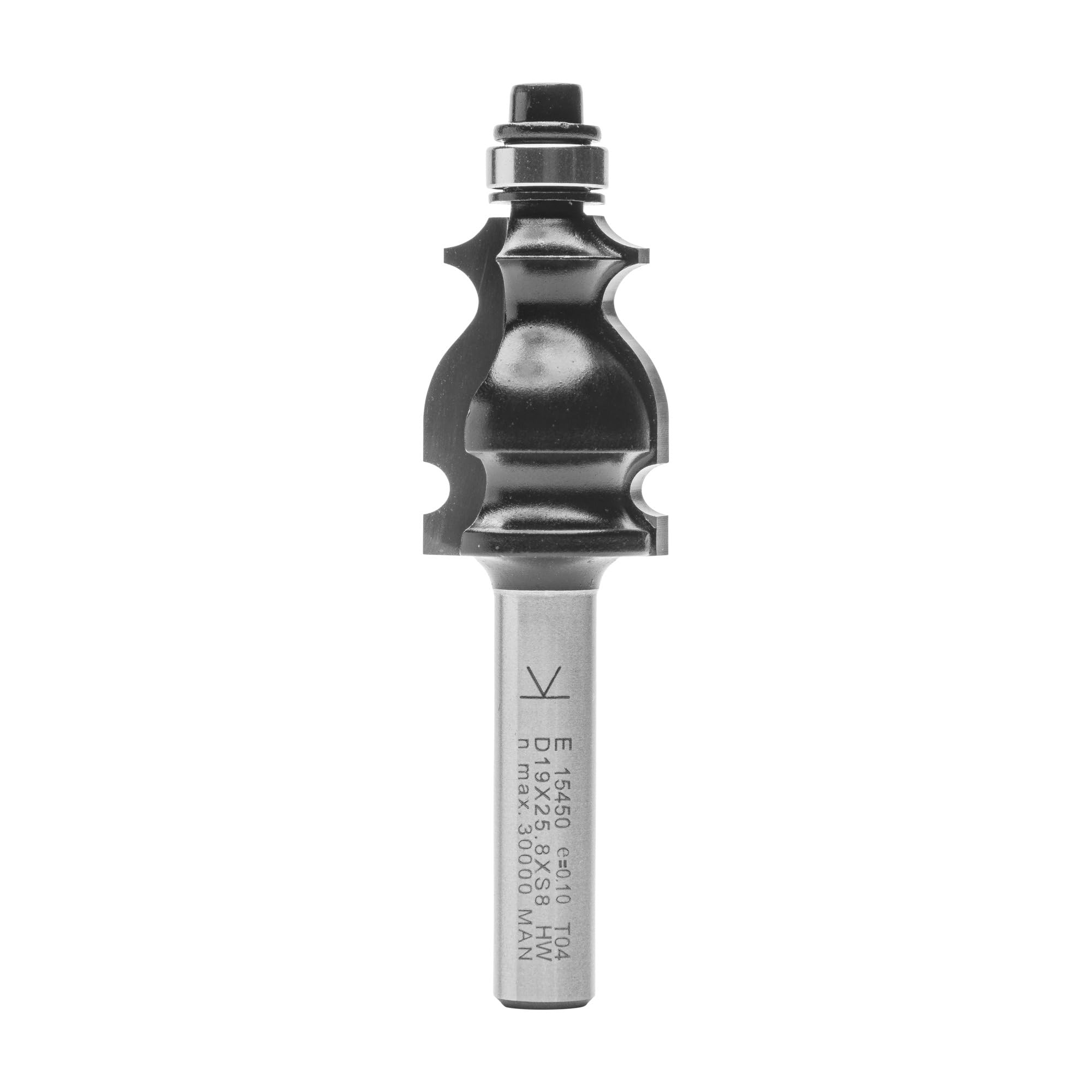 ENT 15450 Fresa para decoraciones de perfil largo, en carburo, vástago (S) de 8 mm, diámetro (D) de 19 mm, longitud útil (NL) de 24,4 mm, radio (R) de 2 mm, longitud total (SL) de 32 mm, con rodamiento de bolas