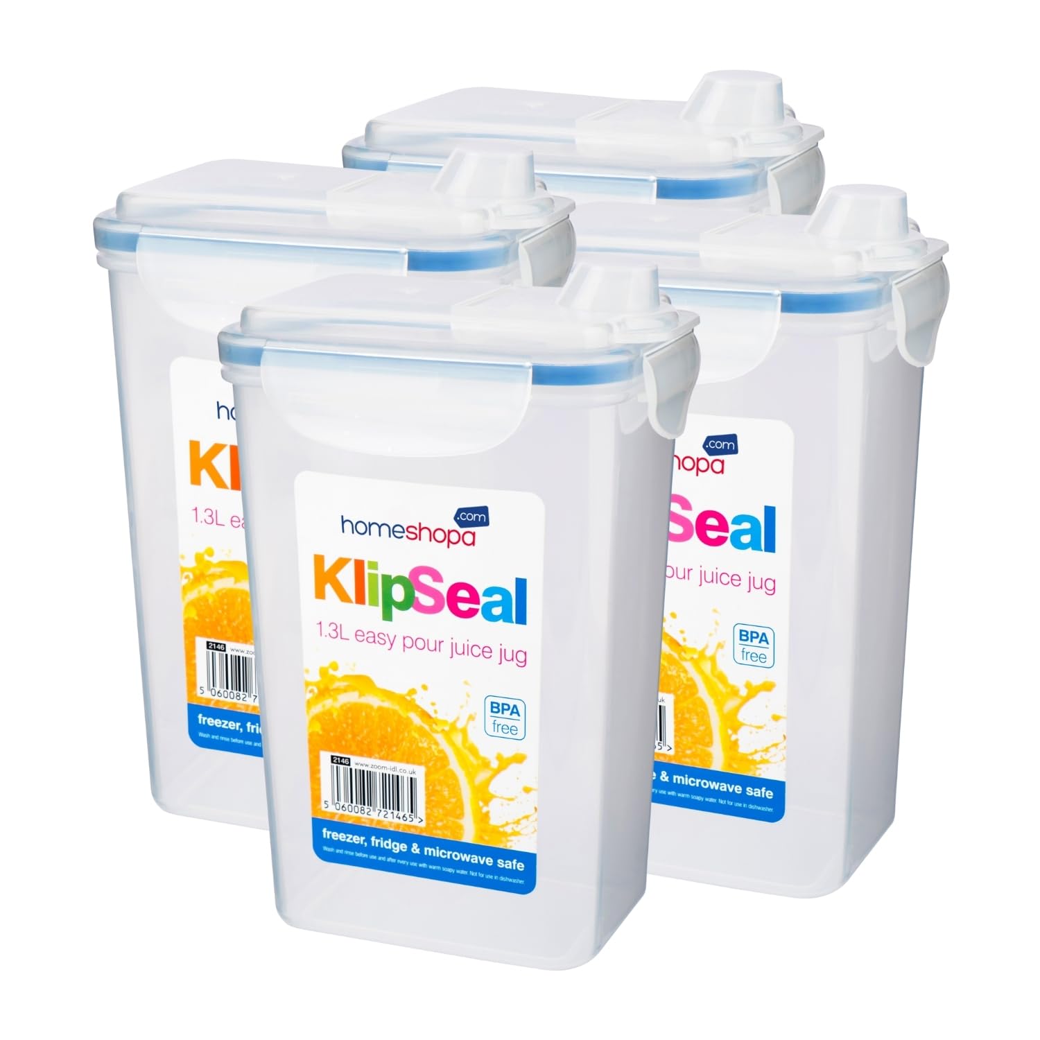 HOMESHOPA Fridge Liquid Storage Jug, 4 Pack Clip & Lock Seal Clear Plastic Juice Containers, BPA free Airtight Jug for Milk, Water & More, Dishwasher Freezer & Microwave Safe