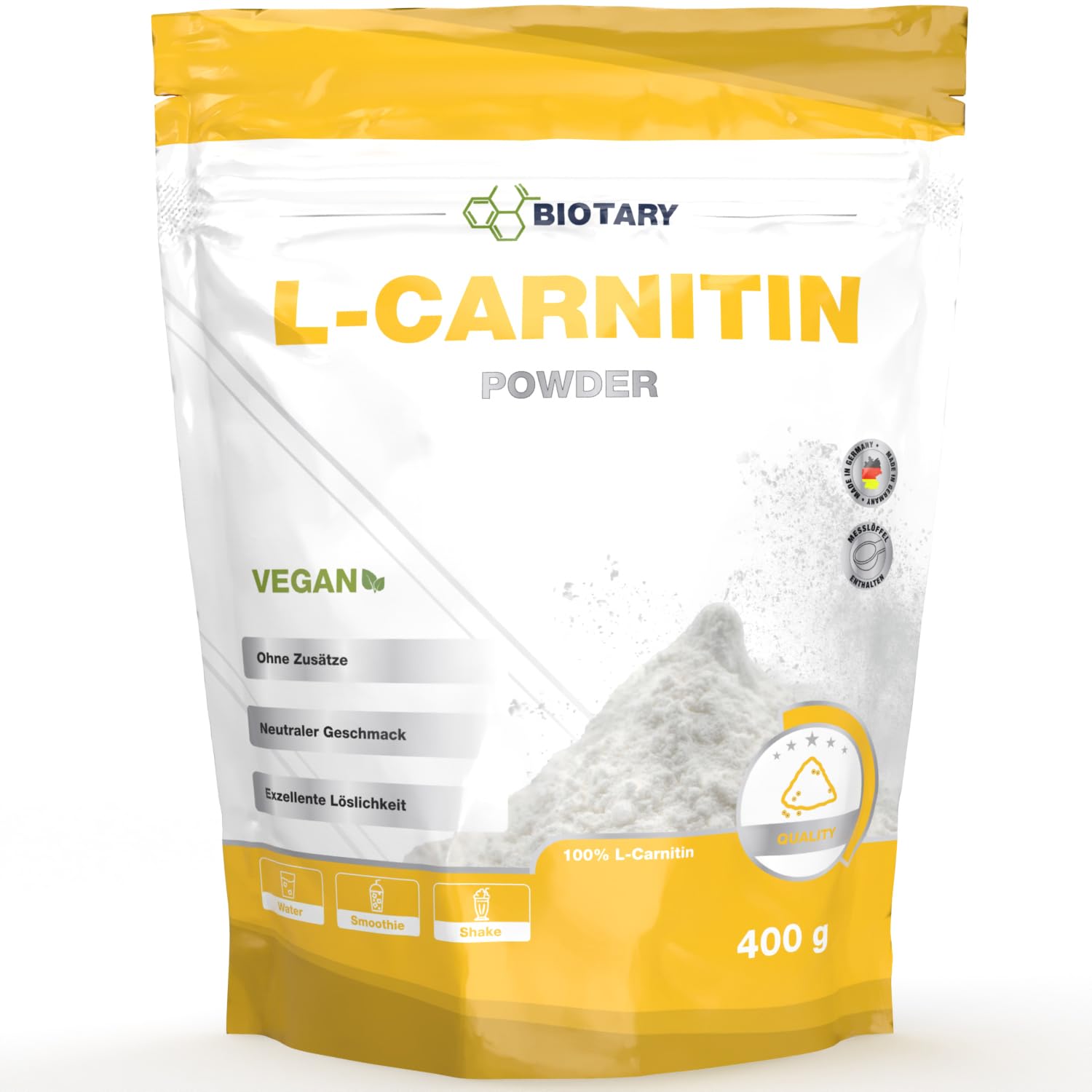 L-Carnitine Pure 400 g, poudre pure sans additifs, 133 portions 3000 mg de  poudre de carnitine, 100% tartrate de L-carnitine, testé en laboratoire, 