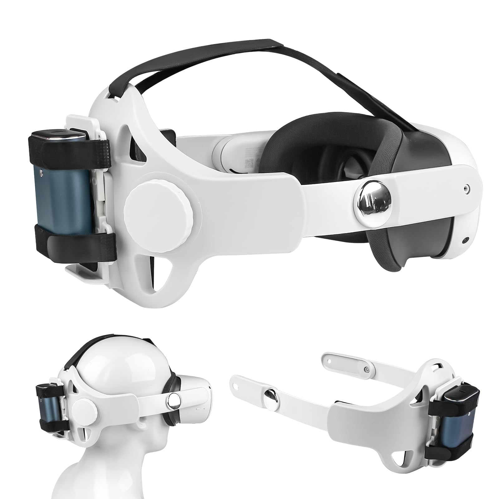 Head Strap for Meta Quest 2 & 3, Replacement with Battery Holder Bracket, Elite Adjustable VR Headset Accessories Compatible with Oculus Quest 2 & 3, Enhanced Comfort and Reduce Face Pressure, (White)