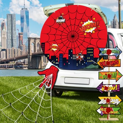 Halloween Red Spider Web Trunk or Treat Car Decorations Kit,Red Cobweb Spooky Car Archway Garage Decor,Halloween Decors Outside for SUV,Treat or Treat Stickers,Garage Door Entryway Archway & Party