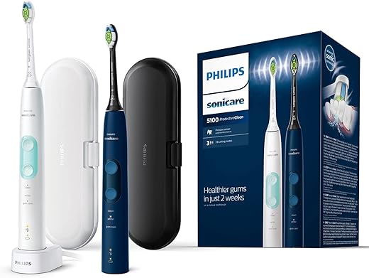 Philips Sonicare ProtectiveClean 5100 elektrische Zahnbürste HX6851/34 Doppelpack – 2 Schallzahnbürsten mit 3 Putzprogrammen, Andruckkontrolle, Reiseetuis – Weiß/Blau