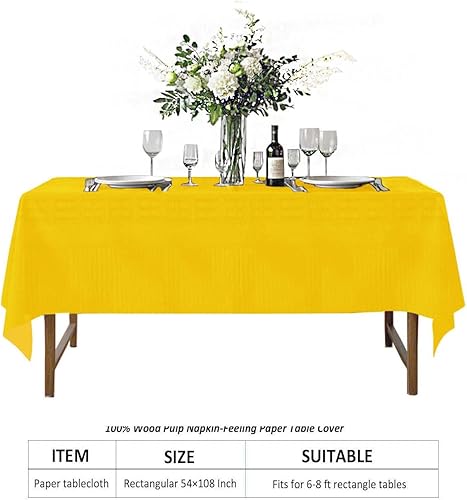 Miniatura 2 de Mantel rectangular de papel desechable amarillo, paquete de 4, 54 x 108 pulgadas, papel de 2 capas impermeable con respaldo de plástico, cubierta de