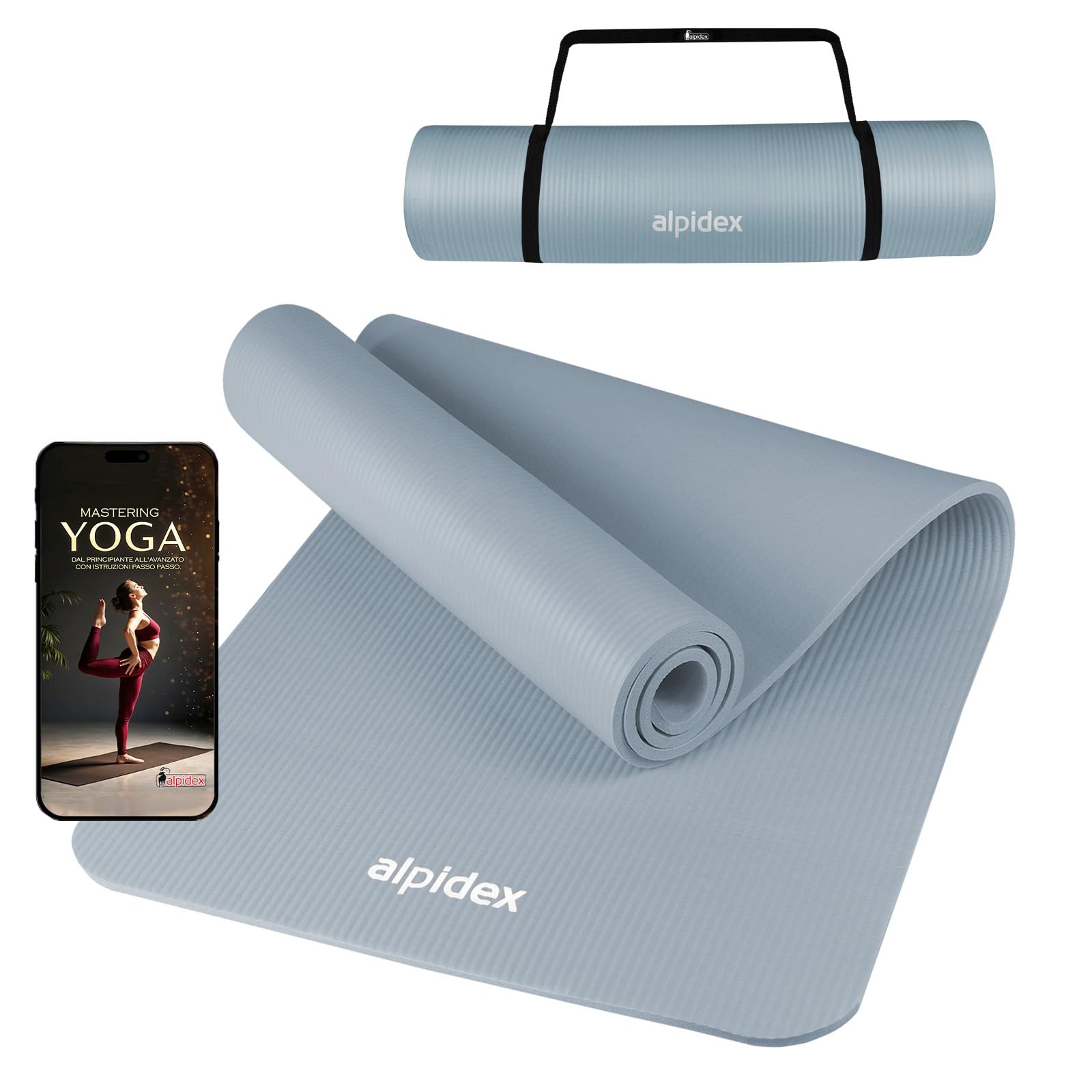 ALPIDEX Tappetino Yoga 183 x 60 x 0.8 cm Tappeto NBR Fitness Antiscivolo E-Book Cinghia Trasporto Aerobica Palestra Ginnastica Pilates Allenamento Casa