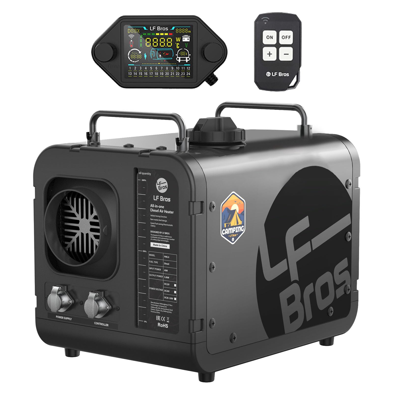 LF Bros Réchauffeur D'air Diesel 5KW, Version Plateau 12V/220V Chauffage Diesel de Stationnement, Chauffage Portable avec Minuterie Interrupteur LCD pour Camping, Tente, Bateau (Noir)