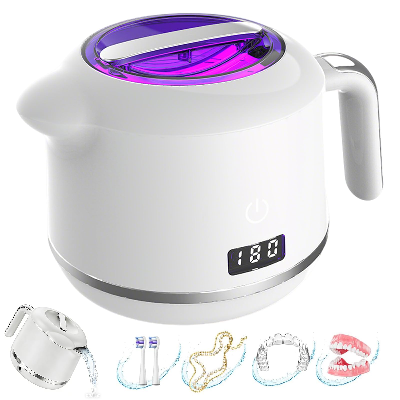 Nettoyeur à ultrasons, capacité de 180 ml, fonctionnement silencieux de 45 dB, doté d'une sortie de vidange et d'une poignée, adapté au nettoyage des appareils orthodontiques, des appareils