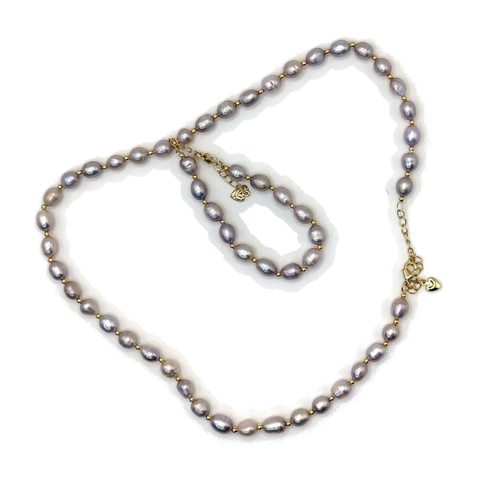 Parure di gioielli da donna con perle d'acqua dolce – collana di perle di riso naturali lavanda da 6 – 7 mm, bracciale e orecchini – accenti dorati