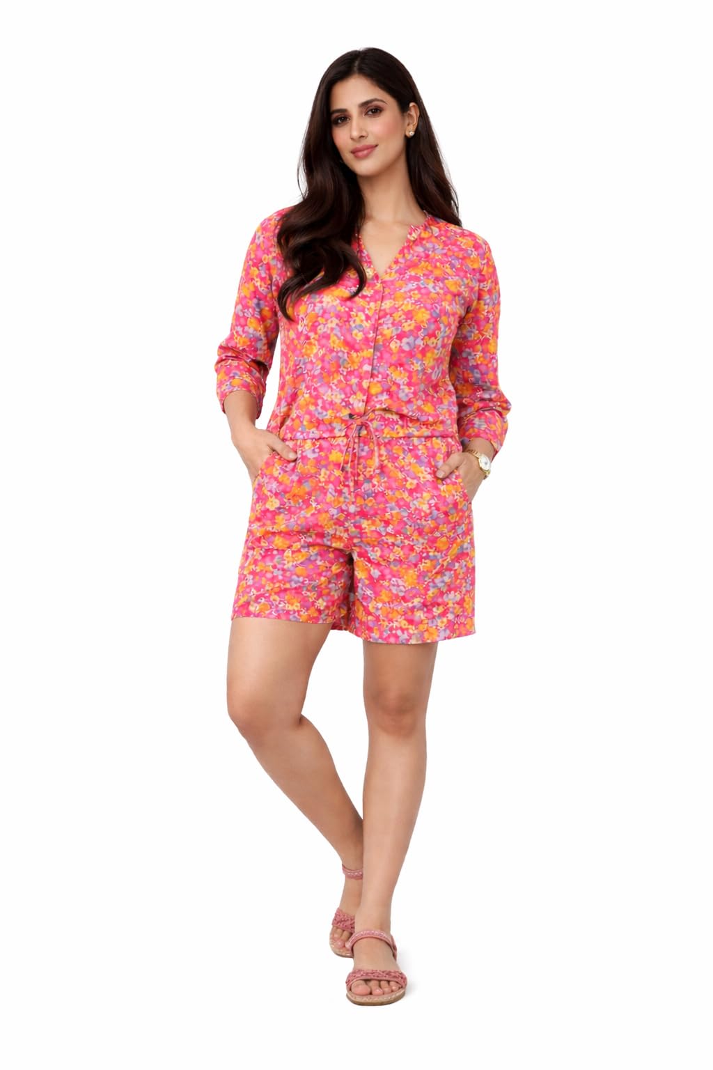 29threds Women's Floral Print Cotton Jumpsuit, Pink, 3/4 Sleeves, V-Neck, with Pockets, Casual Wear-picture-42
