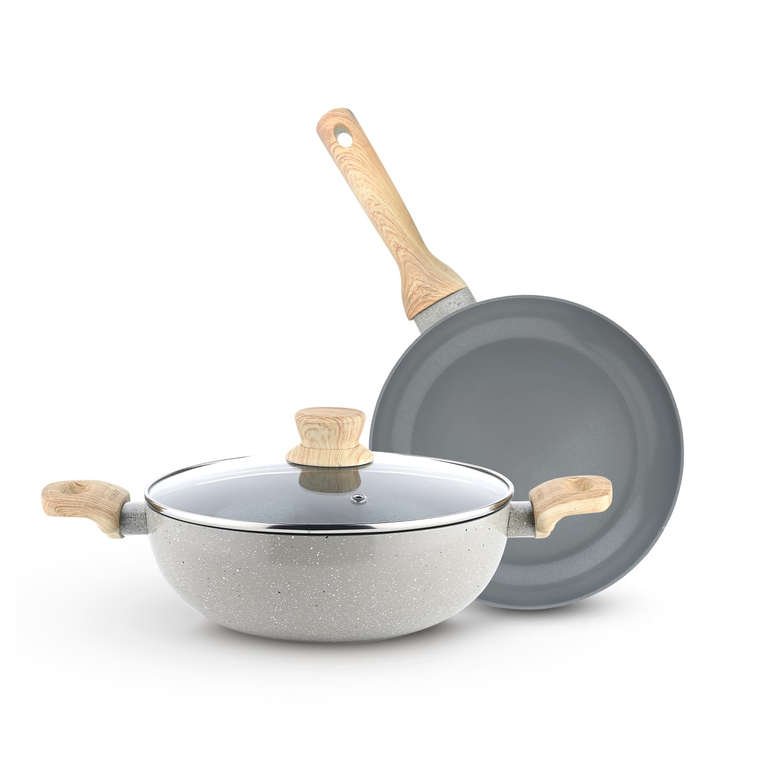 Bergner Terra Non-Stick 3 Pcs Cookware Set - 24cm (2.5 L) Kadai with Glass Lid and 24cm Frypan, Ceramic Coating, Even Heat Distribution, PFOA Free - Induction Bottom, Diwali/Anniversary Gifting (Grey)