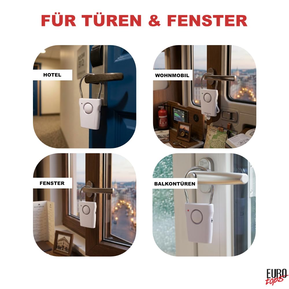 EUROtops Alarm électronique pour poignée de porte – Lot de 2, Alarme de porte et fenêtre avec 110 dB/Carillon, 1500 heures d'autonomie de la batterie, capteur tactile pour la maison/chambre d'hôtel
