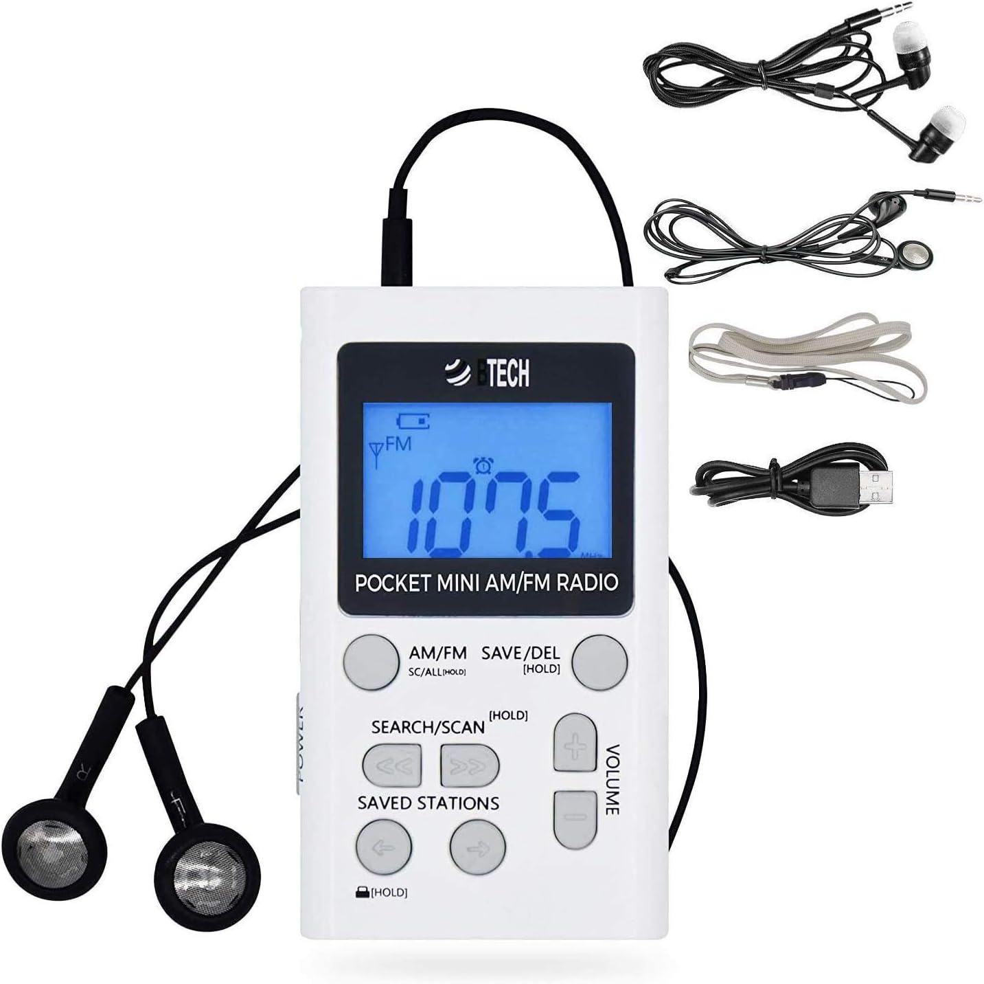 BTECH MPR-AF1 AM FM Personal Radio with Two Types of Stereo Headphones, Clock, Great Reception and Long Battery Life, Mini Pocket Walkman Radio with Headphones (White)