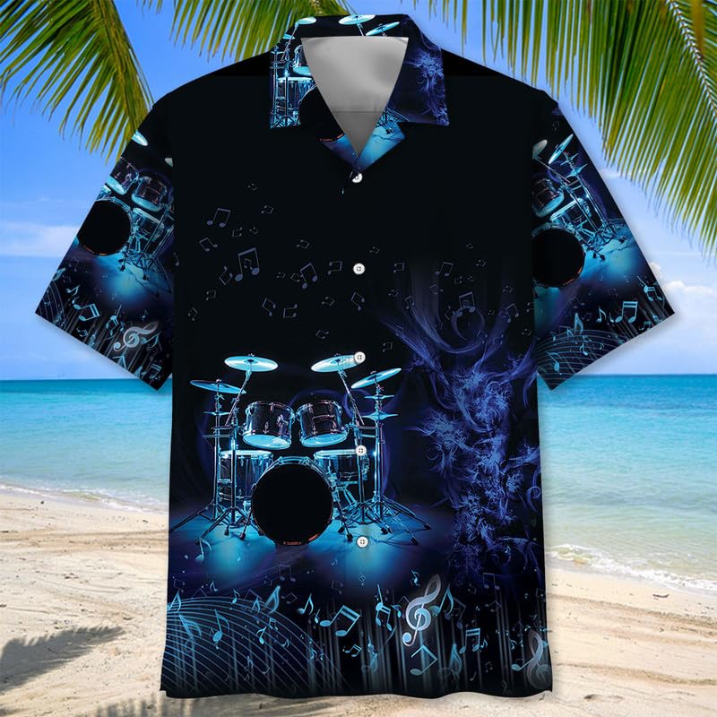 Hawaiian Vintage Drum Shirts for Men, Drum Themed Gifts for Dummer, Drum Set Band Button Down Shirt S-5XL2