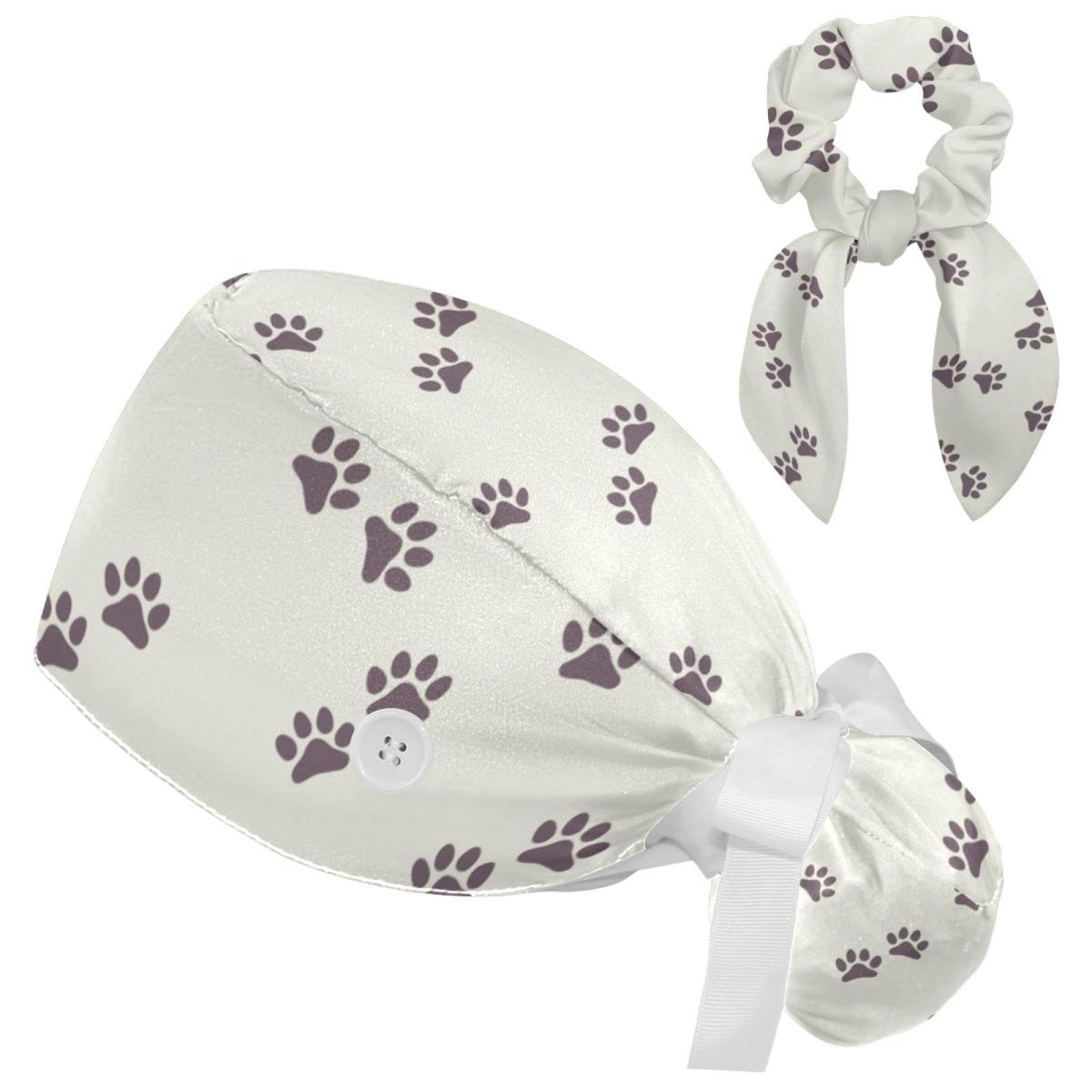 Working Cap Nurse & Bowknot Scrunchie Set, Surgery Nuese Cap, Brown Dog Cat Paw Print Tie Back Hats with Sweatband for Women