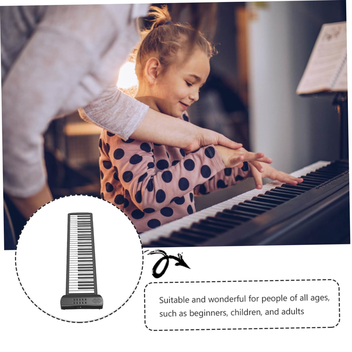 Pianoforte Elettronico Arrotolabile Pieghevole 61 Tasti in Silicone | Nero e Bianco, Portatile e Facile da Riporre, Sensazione Comoda al Tatto