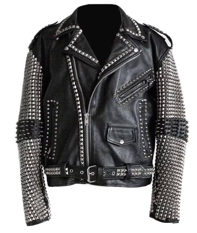 Men’s Brando Punk Rock Heavy Studded Leather Jacket-Unique Motorcycle Style Music Festival Cowhide Jacket