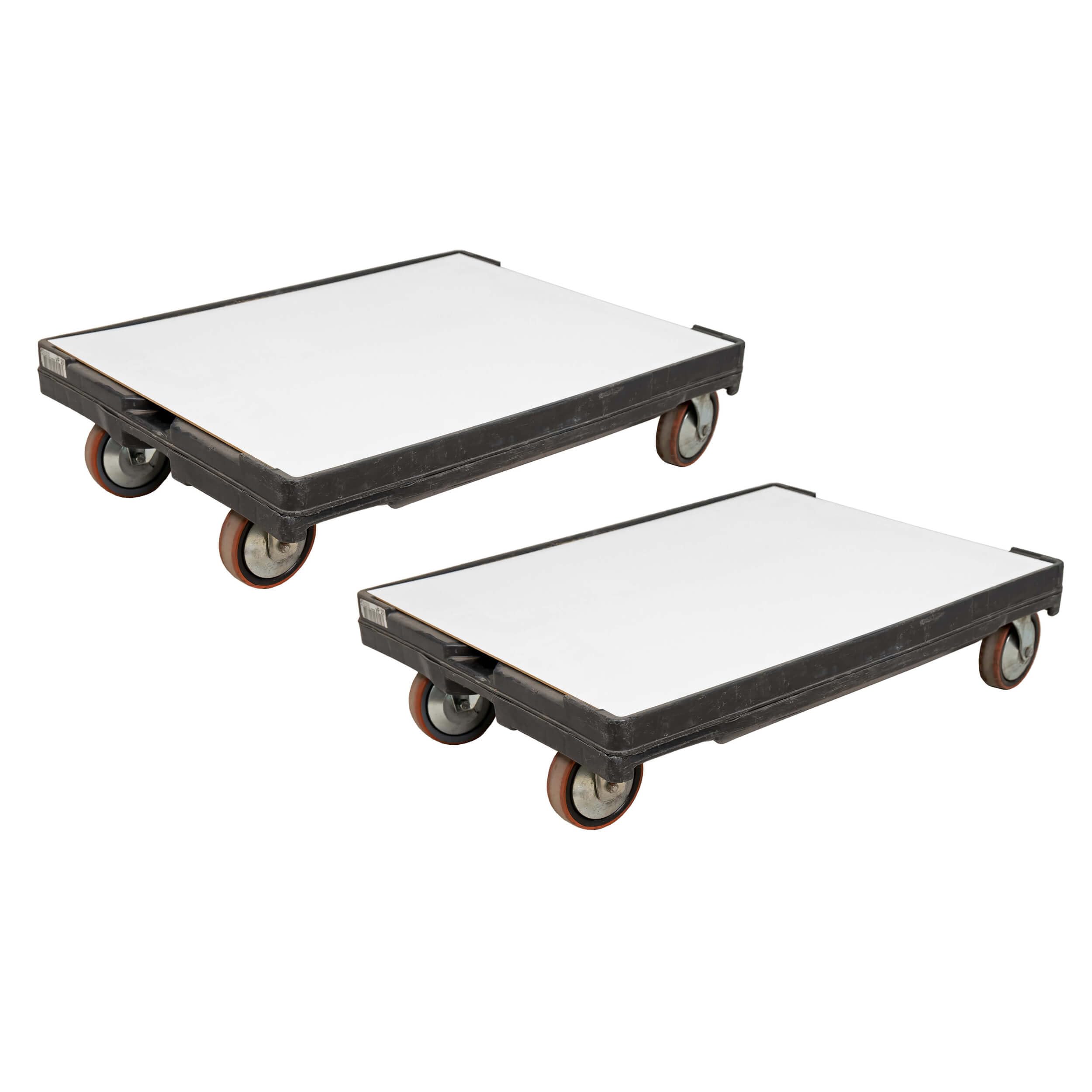Profi Schwerlast Transportroller 80x60cm schwarz, 2er Set | Industrieroller Rollbrett Möbelrollwagen gebraucht mit Holzboden für Stapelboxen, 500kg Tragkraft, 2 Block- und 2 Lenkrollen