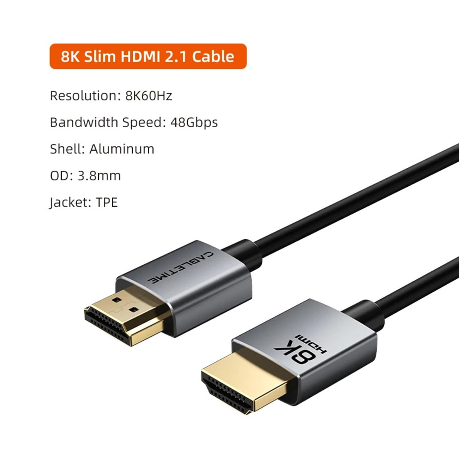 CABLETIME Cable HDMI 2.1 Delgado De 8K Cable HDMI A HDMI 8K@60Hz 4K@120Hz Resolución Ultra HD 3,8 Mm De Ancho, Compatible Con Computadora Portátil, Lenovo Dell(2M)