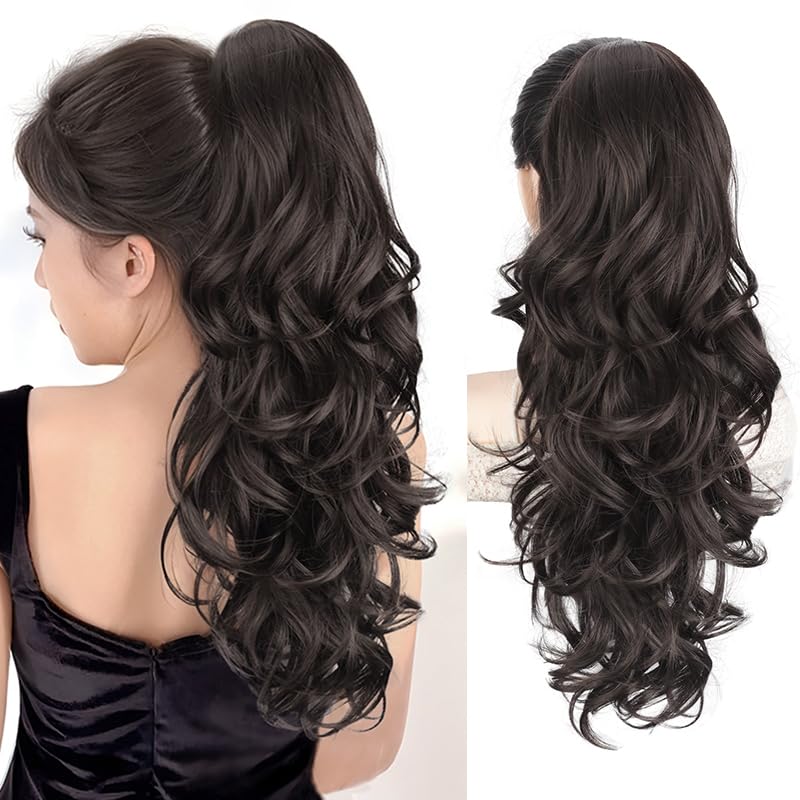 HMD Ponytail Extension Long Wavy Drawstring Ponytail Extension 24" Dark Brown Curly Wavy Pony Tail for Women Synthetic Natural Ponytail for Daily Use