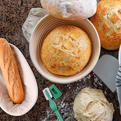 7 Piece Banneton Basket Set: 9 Inch Round+ 10X6X4 Inch Oval Sourdough Bread Basket | Bread Lame+ Dough Bowl, Bowl Scraper+ Bread Bag | Bread Proofing Basket Sourdough Starter For Making Homemade Bread #TOP7