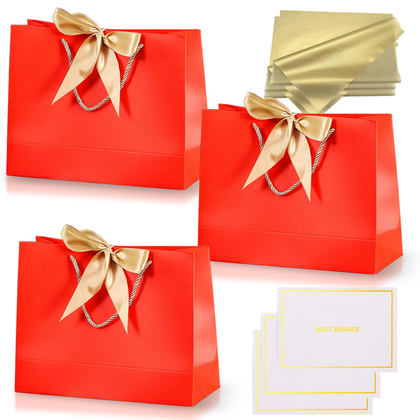 Medium Christmas RedGift Bags for Present,3Pcs Red Personalised Birthday Paper Gift Bag with Ribbons 6 Metallic Gold Tissue Paper 3 Cards Wrapping Bag for Women Men Wedding Christmas Party โ image 1
