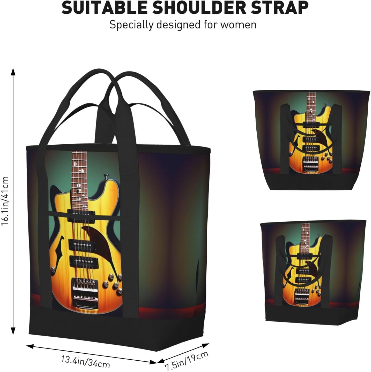 Guitar Bass Music Musical Instruments Print Large Cooler Bag Tote Bag,Reusable Grocery Bag,Lunch Box Bag, For Picnic Beach Camping