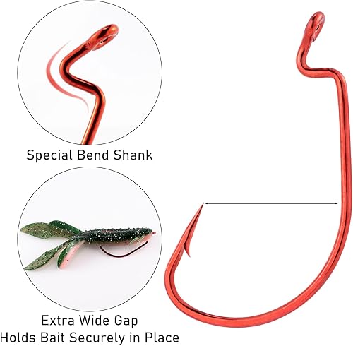 Miniatura 3 de Dr.Fish Paquete de 100 anzuelos de pesca EWG Anzuelos de pesca para lubina, ganchos de gusano con vástago compensado, curva, amplia brecha, tiro de