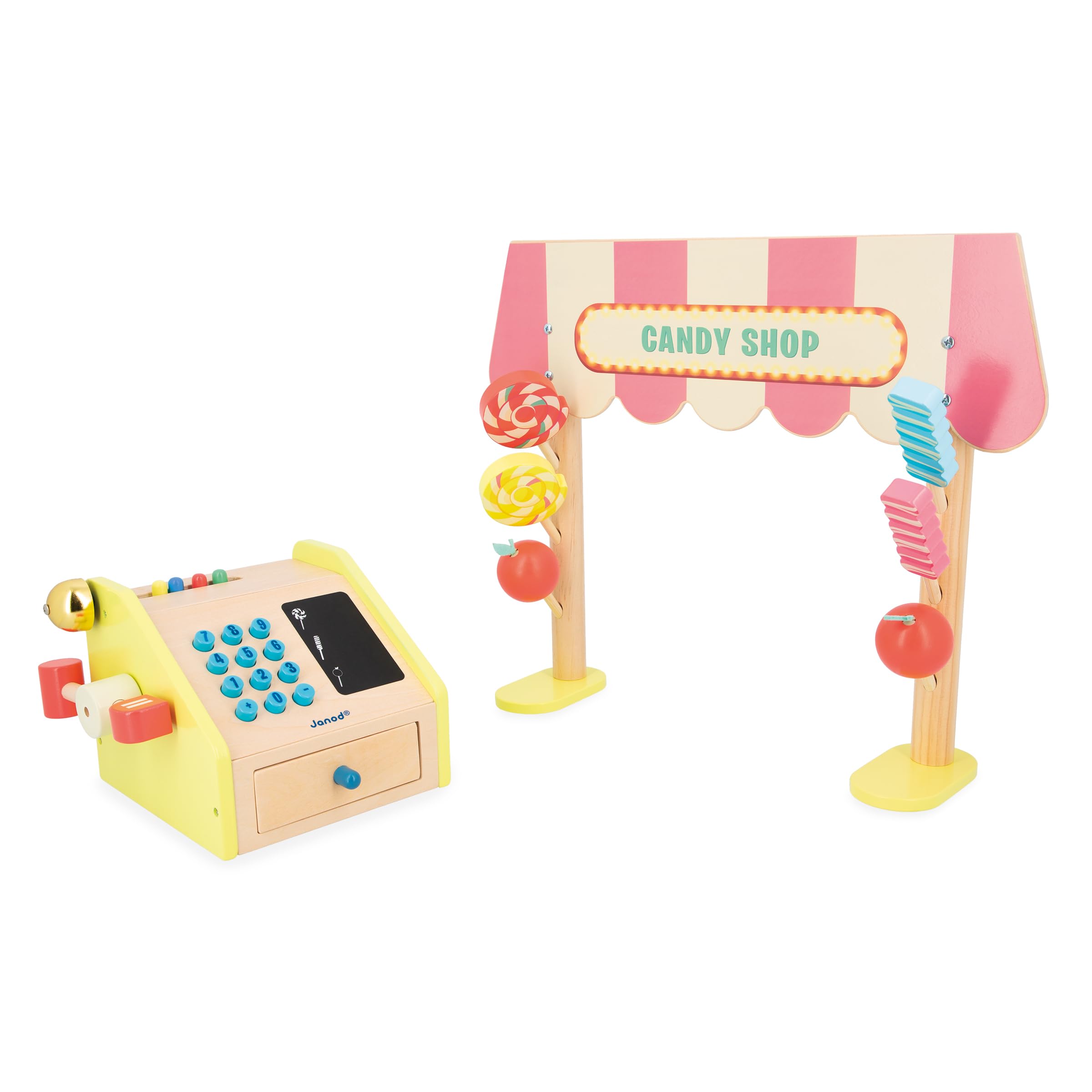 Janod - Tienda Infantil Applepop - Juego de Imitación con Caja Registradora - 19 Accesorios - Estimula la imaginación - Juguete de Madera FSC - Pintura al Agua - A Partir de 3 Años, J03350