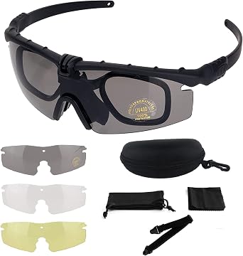 Sports Sunglasses, Goggles, Cycling Glasses, Sports Glasses, 3 Color Lens Set, Inner Frame Included, Hard Case, Shockproof, Breathable, Windproof, Dustproof, Airsoft Sunglasses