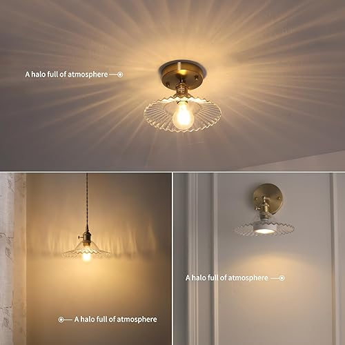 Miniatura 2 de Apliques de pared vintage de 1 luz con patrón de sombra de loto transparente, cadena ajustable de cristal, luz dorada retro montada en la pared,