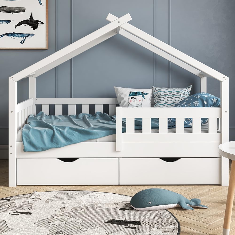 VitaliSpa Hausbett Design, Weiß, 80x160 cm | mit 2 Schubladen, geeignet als Spiel- und Schlafbereich für Kinder