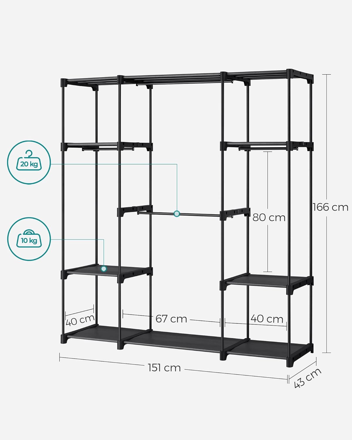 Technical diagram of the SONGMICS RYG036B02 Open Wardrobe showing overall dimensions (151x43x166 cm) and individual load capacities for hanging rods (20kg) and shelves (10kg).