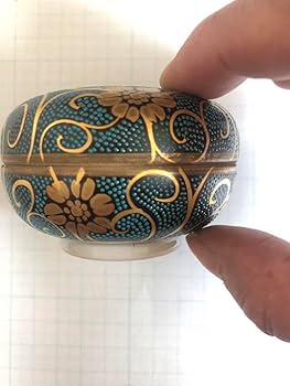 香炉香合風鎮金彩鉄仙青粒手描き良山作昭和当時物陶磁器