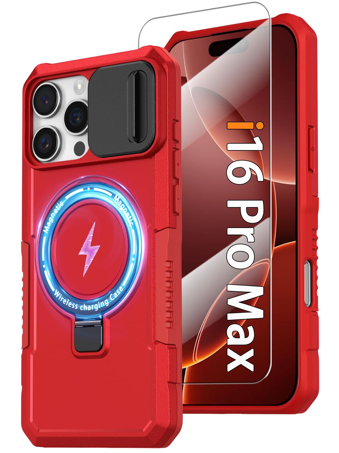 Magnetic Case for iPhone 16 Pro Max, with Ring Stand [Glass Screen Protector] [Compatible with MagSafe] Military Grade Case with Camera Cover, Heavy