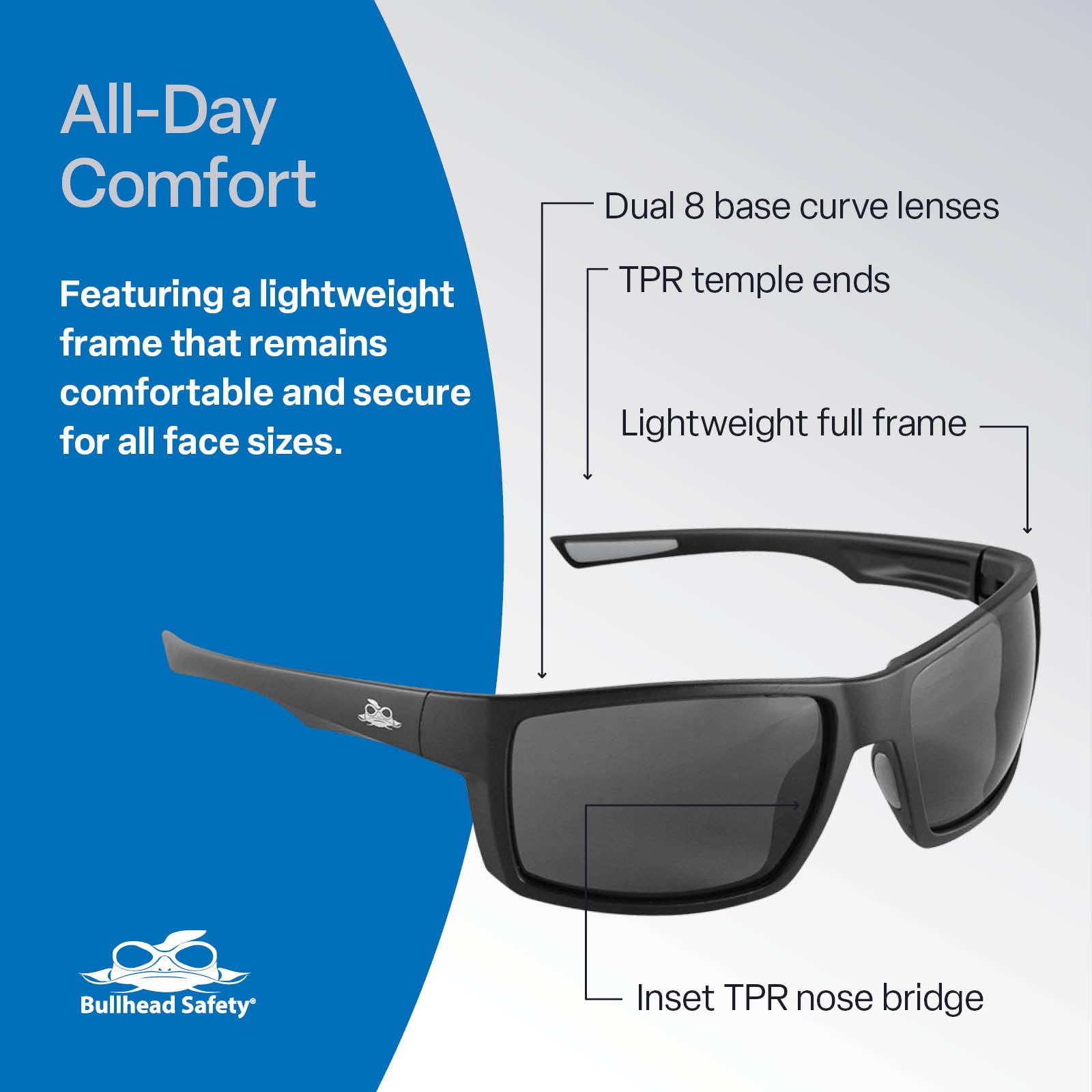 Bullhead Safety Amberjack - Gafas de seguridad con lentes antivaho y resistentes a los arañazos, gafas protectoras de policarbonato con protección contra la luz UV, lentes ahumadas, marco negro mate