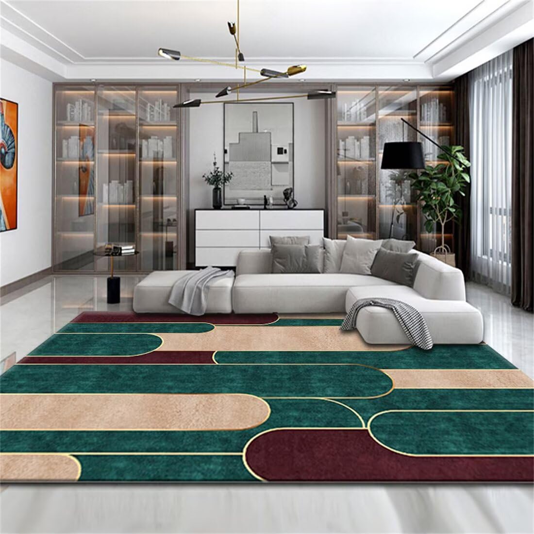 Grand tapis de salon vert 160x200cm et terrasse au style moderne