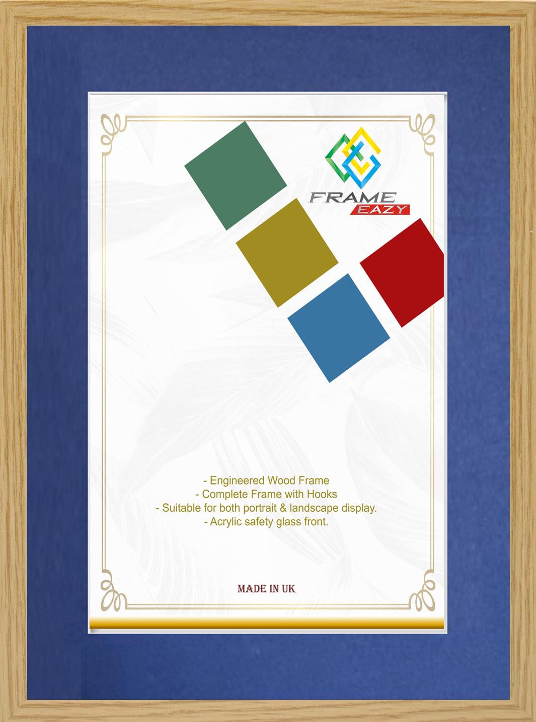 FRAME EAZY Oak A4 Photo Frame with A5 Blue Mount to Hang Portrait or Landscape - Thin Picture Frame With Safe Perspex Front - A4 For Picture Size A5