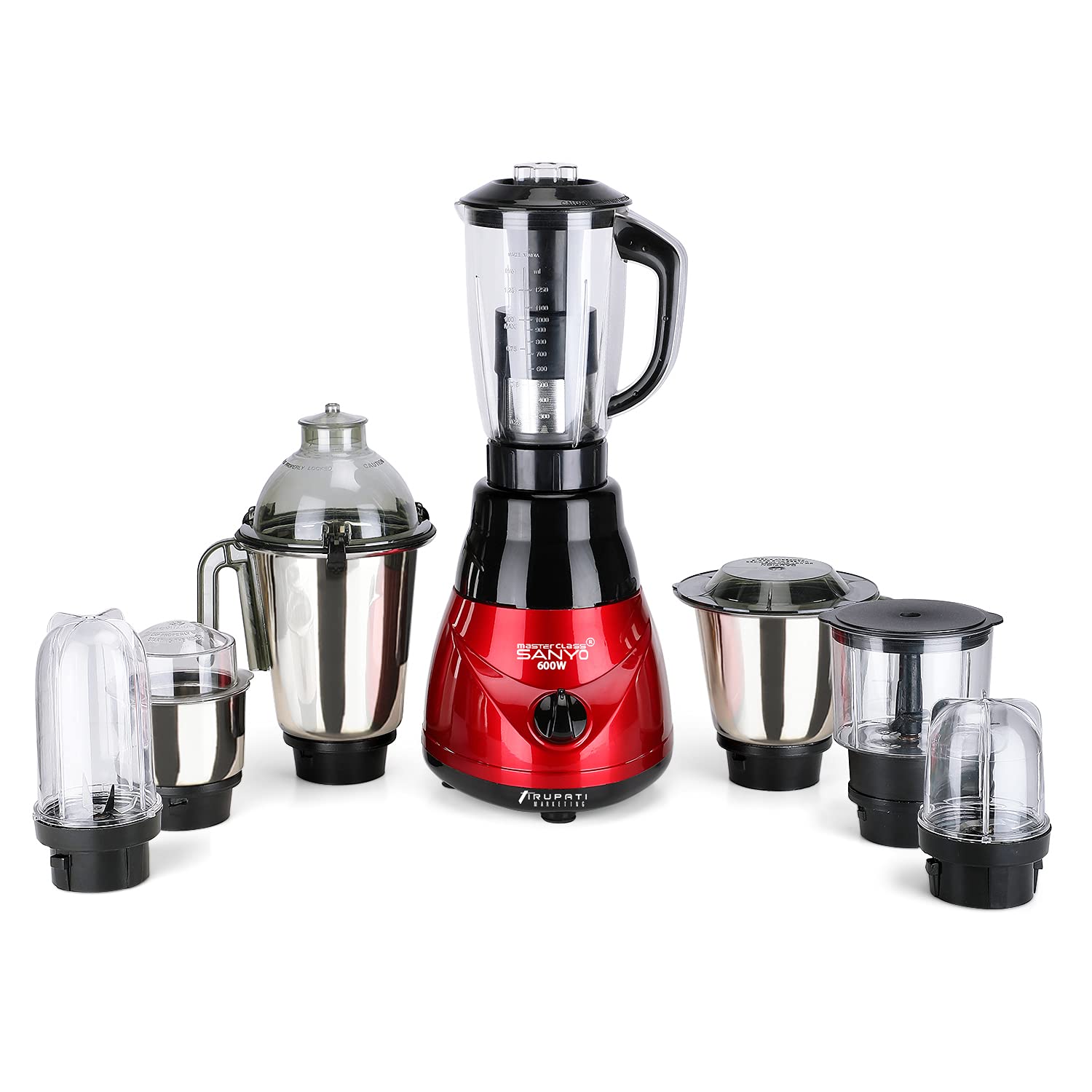 MasterClass Sanyo Kiaa 600W Mixer Grinder with 3 SStainless Steel Jars, Juicer Jars, 2 Bullet Jar and Chopper Jars, Black-RED.Make in India(ISI Certified)