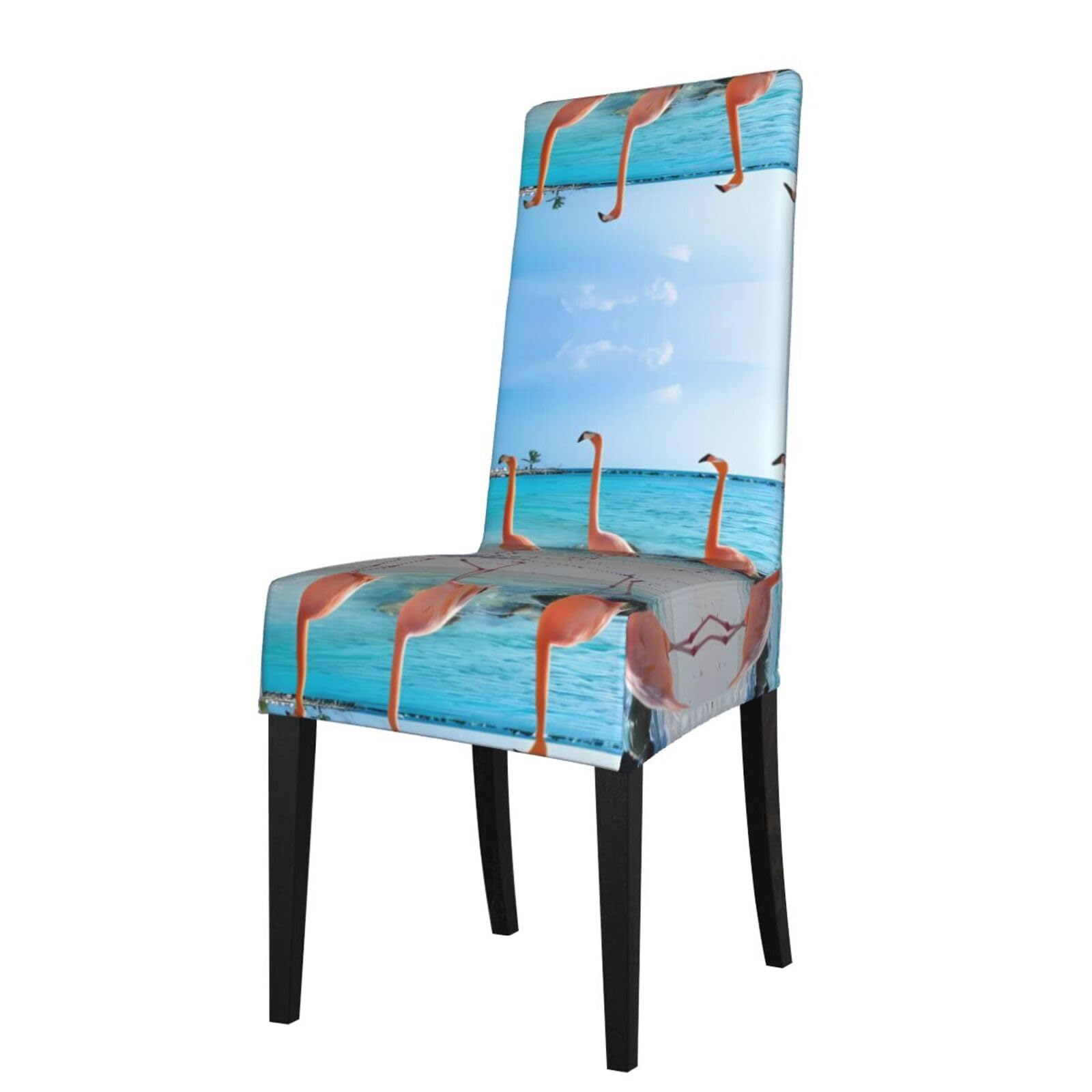 HJFCZH Beach Flamingos Prints Dining Chair Throw Covers – Stretchable Polyester-Spandex Fabric for Elegant Home & Event Decor - Universal Fit & Easy Care