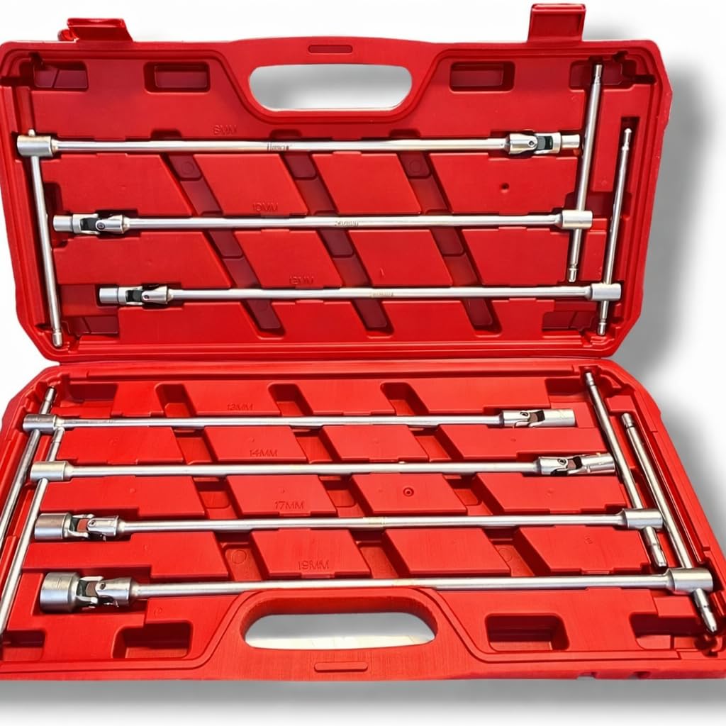 Terryshop74® Serie Chiavi a T Doppio Snodo Lunghe – Misure 8, 10, 12, 13, 14, 17, 19 mm – Chiavi Snodate Professionali in Acciaio con Valigetta in Plastica