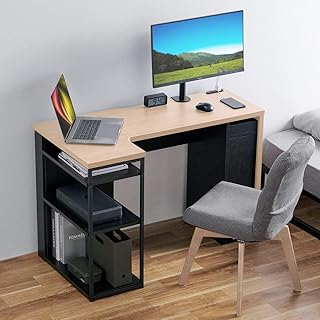 Iris Ohyama SDKL-1125 Computer Desk with Storage, PC Desk, L-Shaped Desk, Width 44.1 x Depth 23.2 x Height 28.3 inches 112 x 59 x 72 cm, NaturalBlack, Compatible with Monitor Arms, 2 Outlet