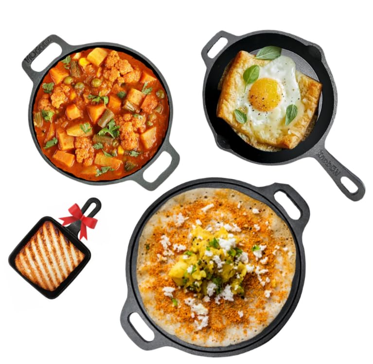 KNOBON Cast Iron Cookware Set+ Free Mini Grill Pan| Dosa Tawa (30cm)+ Kadhai (26cm/2.5L) Fry Pan(27cm/1.7L)| Kitchen Cooking Combo Pots & Pans Set of 4Pcs| Black