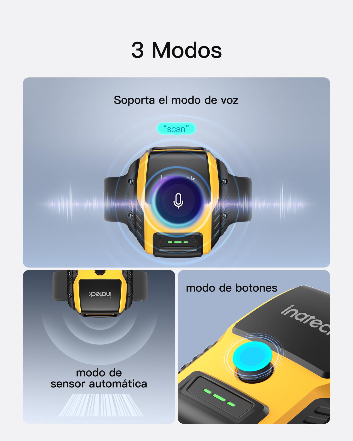 Inateck Lector Código de Barras Inalámbrico 1MP 2D QR, Escáner de Muñeca Manos Libres con Control por Voz, Inclinación Ergonómica 10°, Bluetooth 5.3, Ligero 60g para Clasificación, Nano 370