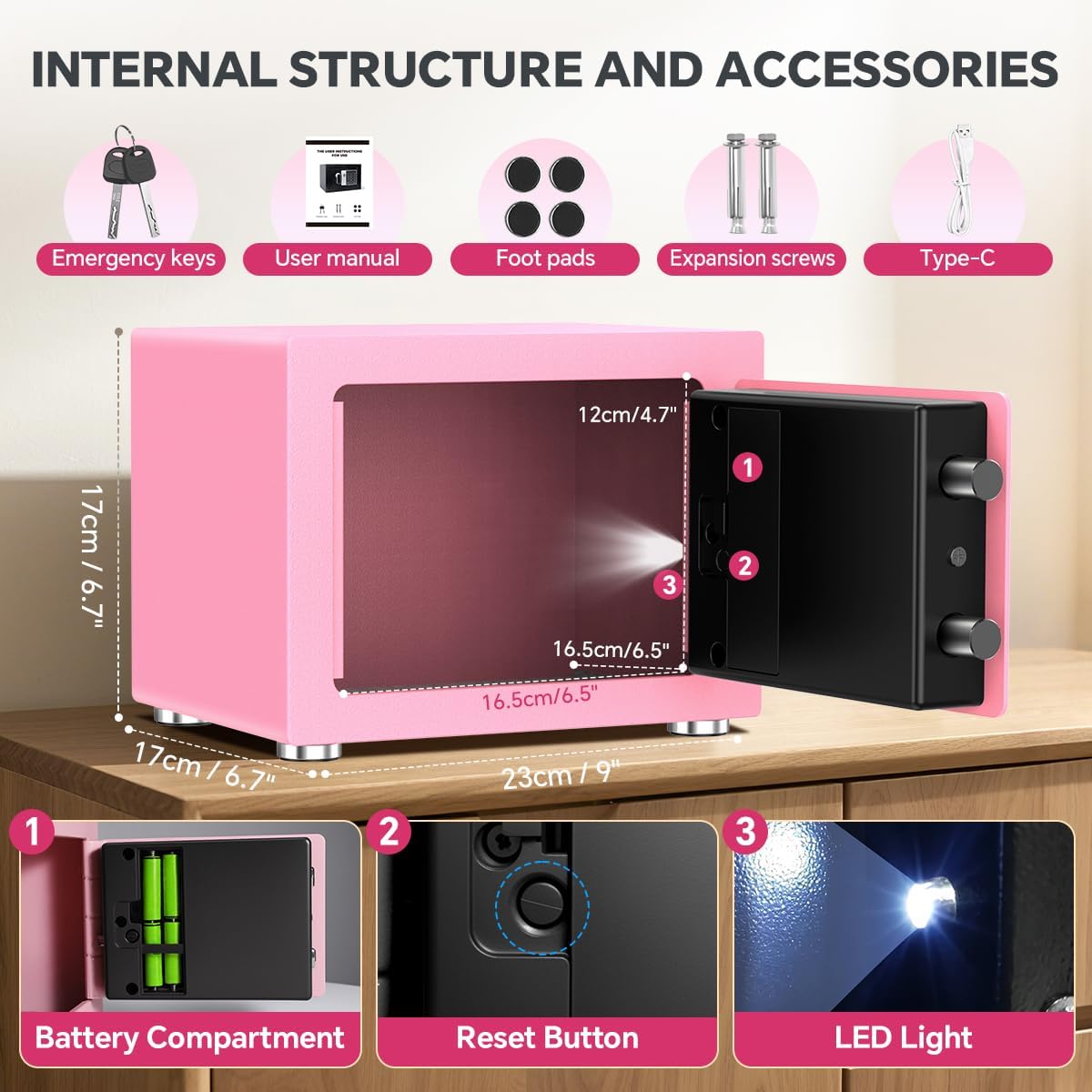 Small Home Safe with Electronic Keypad Lock, 6.7"D x 9"W x 6.7"H, Security Box for Cash, Jewelry, Passport, Hidden Safe for Closet, College Dorm Room, Pink